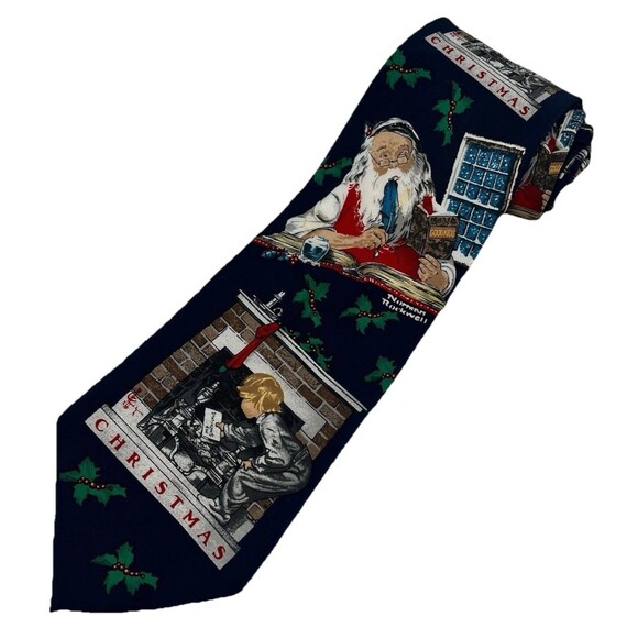Vintage Norman Rockwell Santa and Boy Christmas Men's All Silk Necktie EUC - Picture 1 of 5